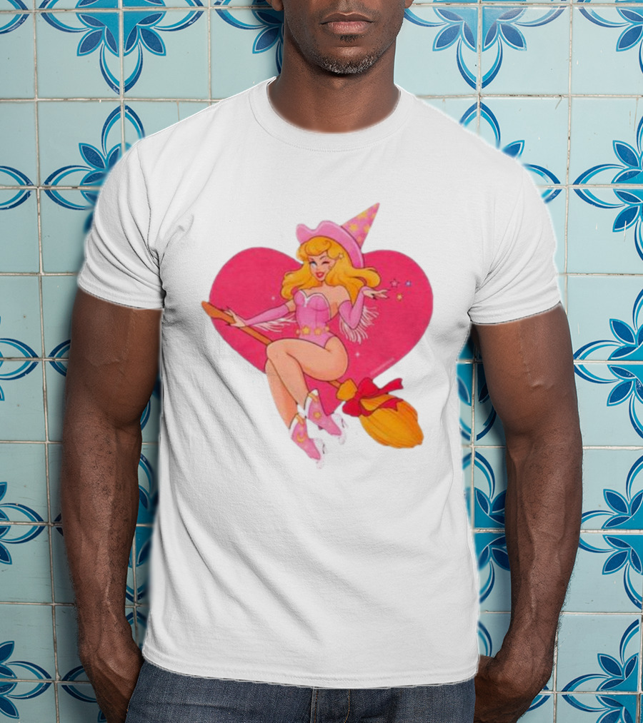 This Barbie Is A Witch Riding A Broomstick With Pink Heart Background T-Shirt