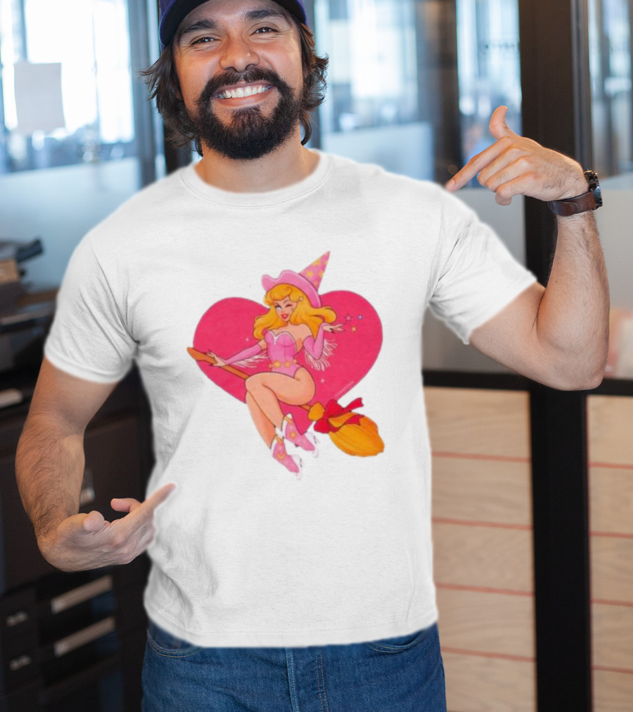 This Barbie Is A Witch Riding A Broomstick With Pink Heart Background T-Shirt