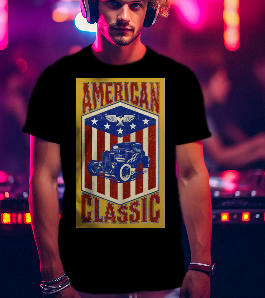 AMERICAN CLASSIC Hot Rod Eagle Stripes Stars Vintage Retro T-Shirt