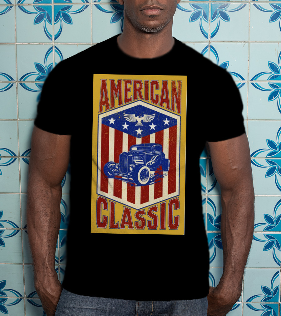 AMERICAN CLASSIC Hot Rod Eagle Stripes Stars Vintage Retro T-Shirt