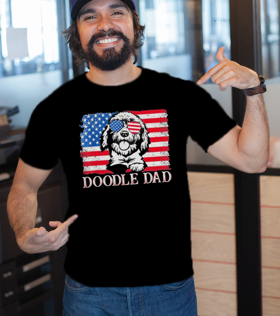Goldendoodle Doodle Dad American Flag Sunglasses T-Shirt