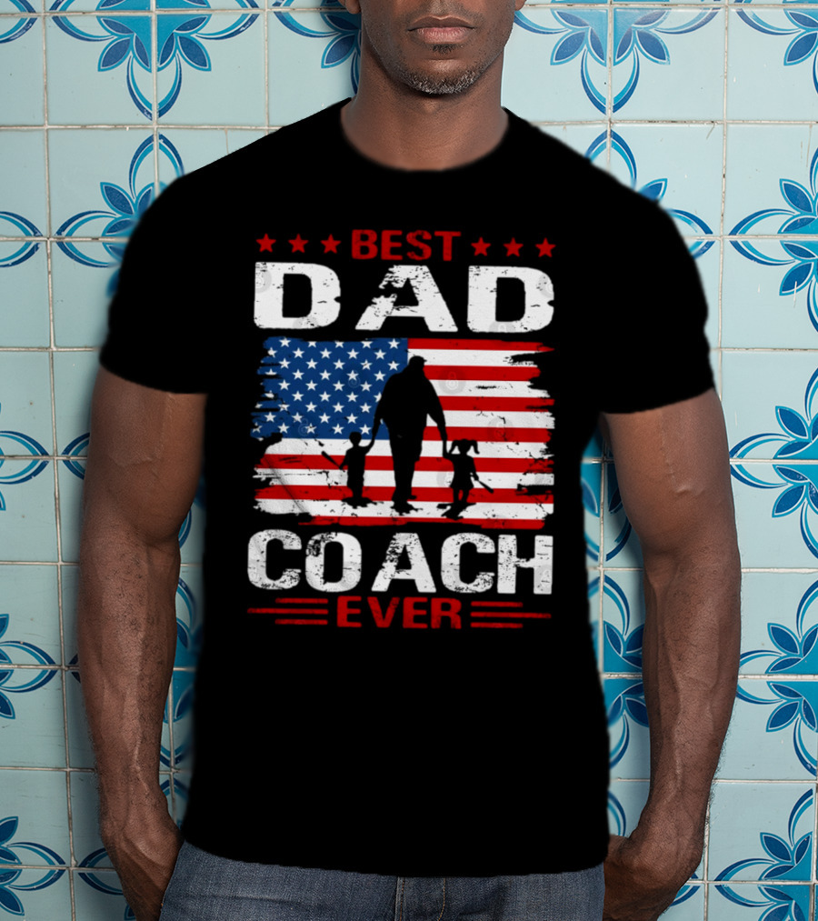 Best Dad Coach Ever USA Flag Baseball Dad Father's Day T-Shirt
