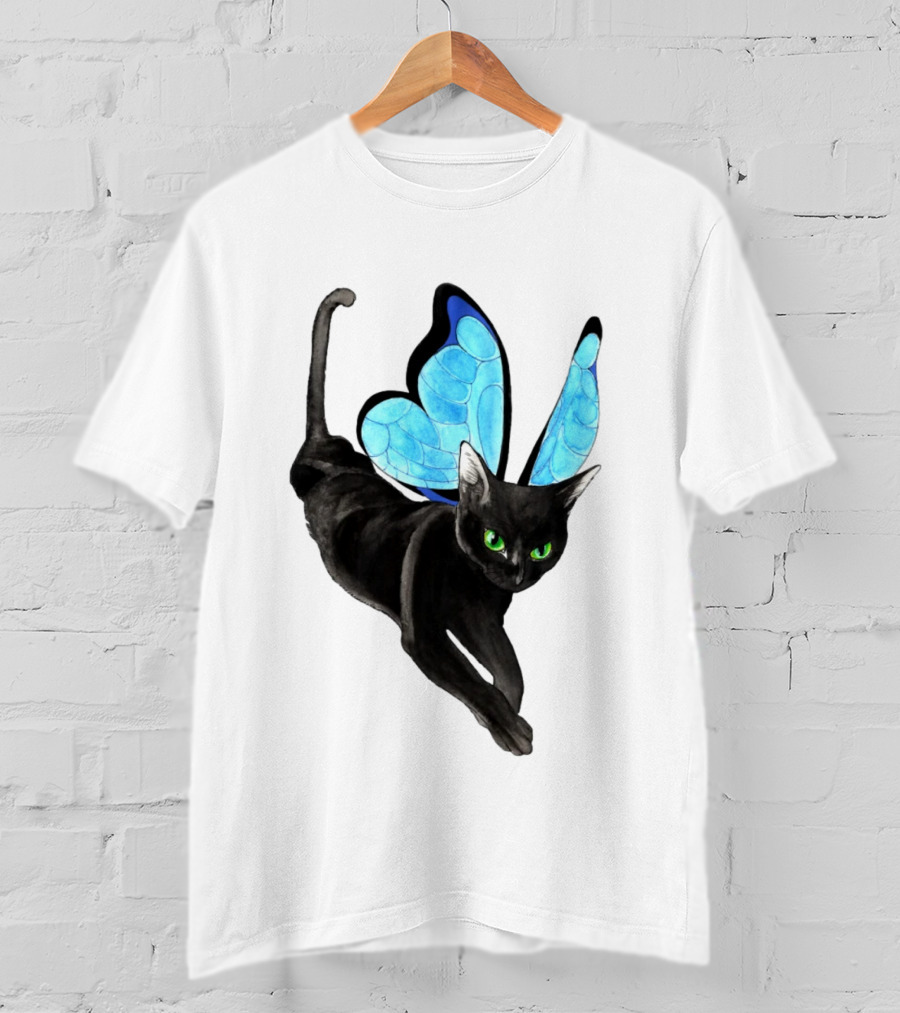 Black Cat With Blue Butterfly Wings T-Shirt