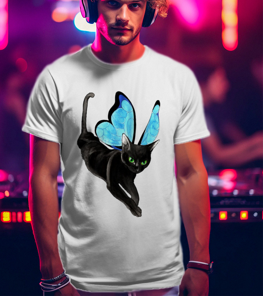 Black Cat With Blue Butterfly Wings T-Shirt