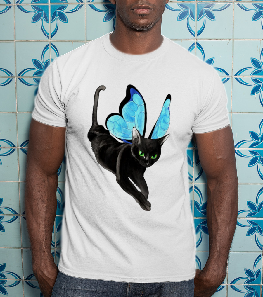 Black Cat With Blue Butterfly Wings T-Shirt