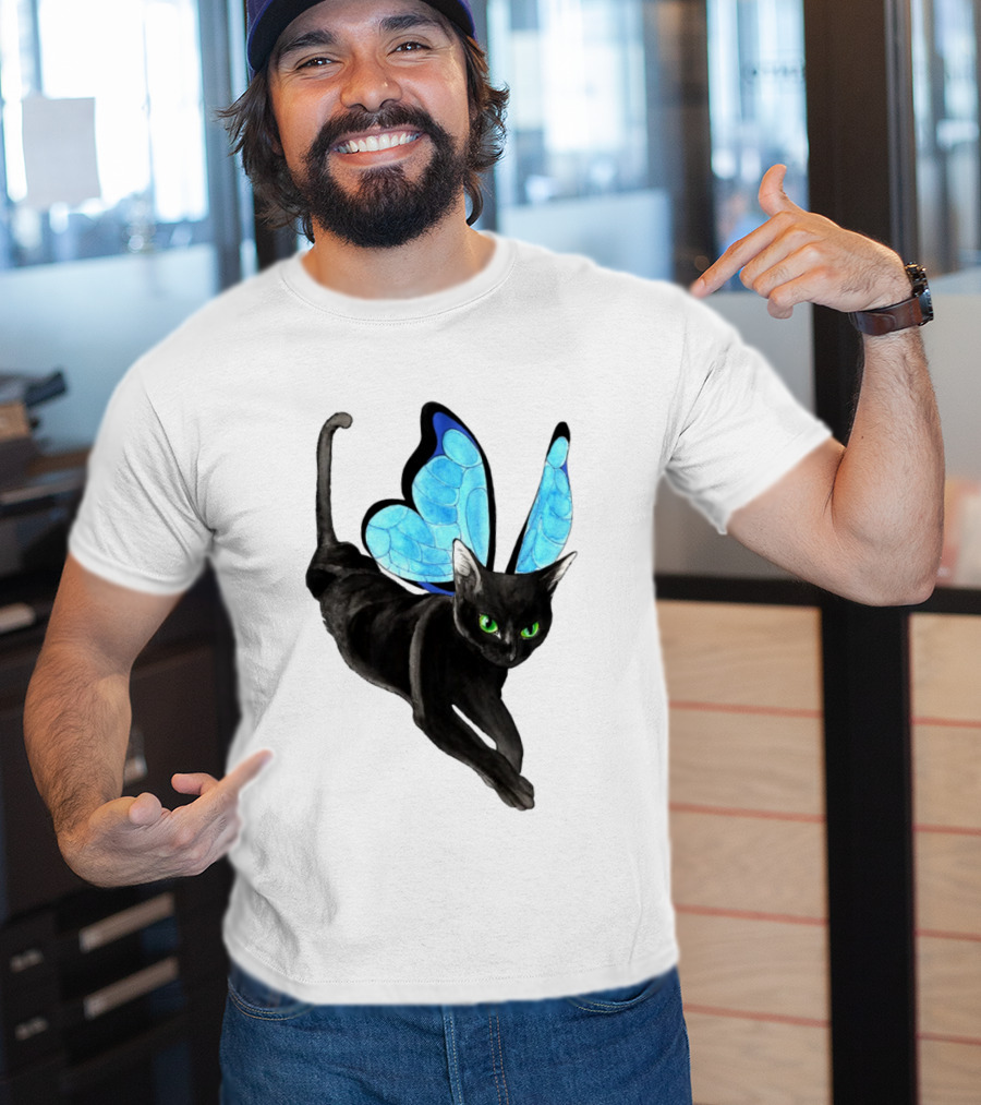 Black Cat With Blue Butterfly Wings T-Shirt