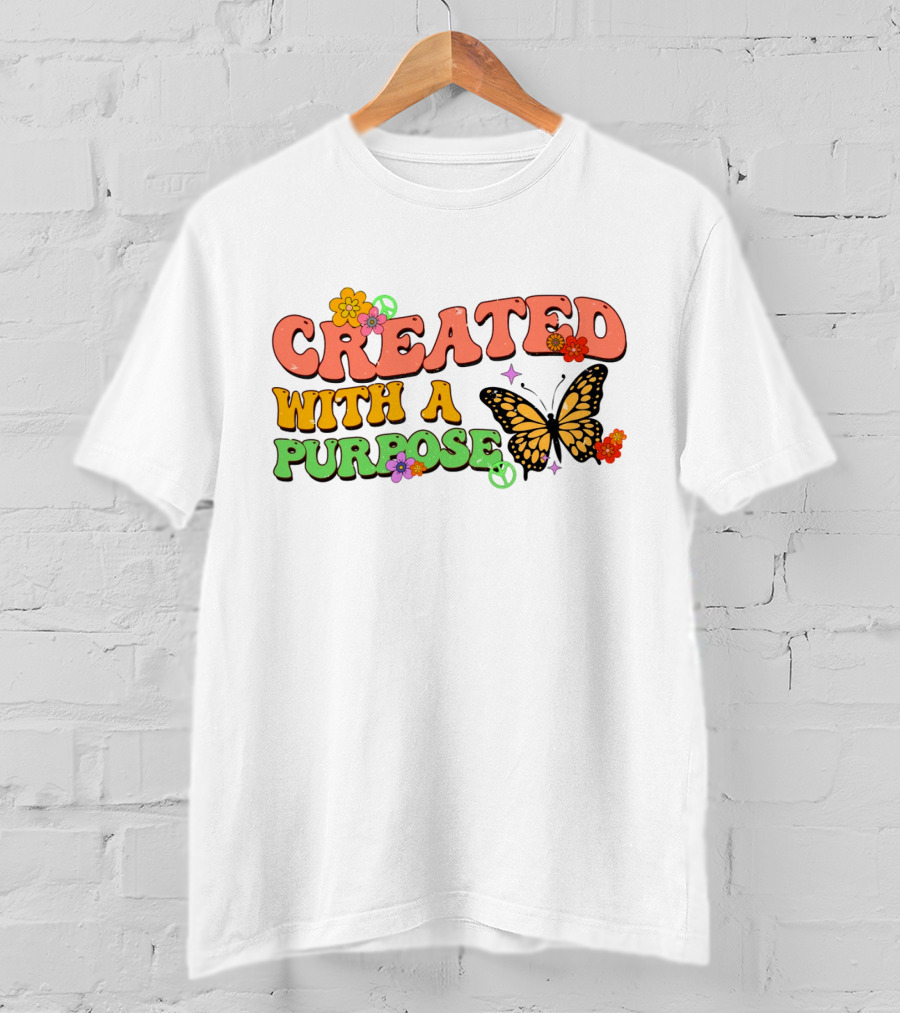 Created With A Purpose Butterfly Flowers Peace Sign T-Shirt