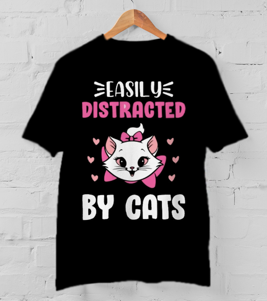 Easily Distracted By Cats Cute Kitten With Pink Bow And Hearts T-Shirt