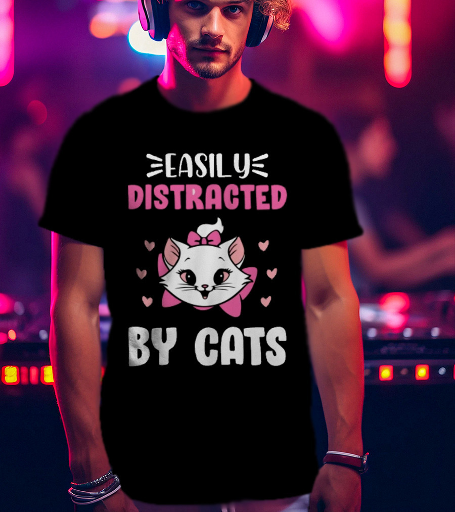 Easily Distracted By Cats Cute Kitten With Pink Bow And Hearts T-Shirt