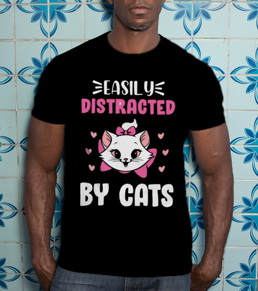 Easily Distracted By Cats Cute Kitten With Pink Bow And Hearts T-Shirt