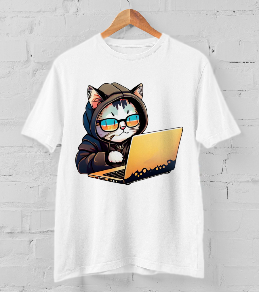 Hacker Cat In Hoodie With Laptop And Glasses T-Shirt