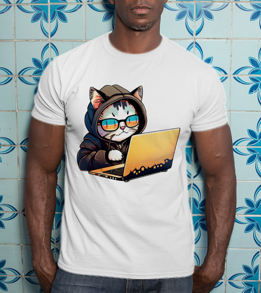 Hacker Cat In Hoodie With Laptop And Glasses T-Shirt
