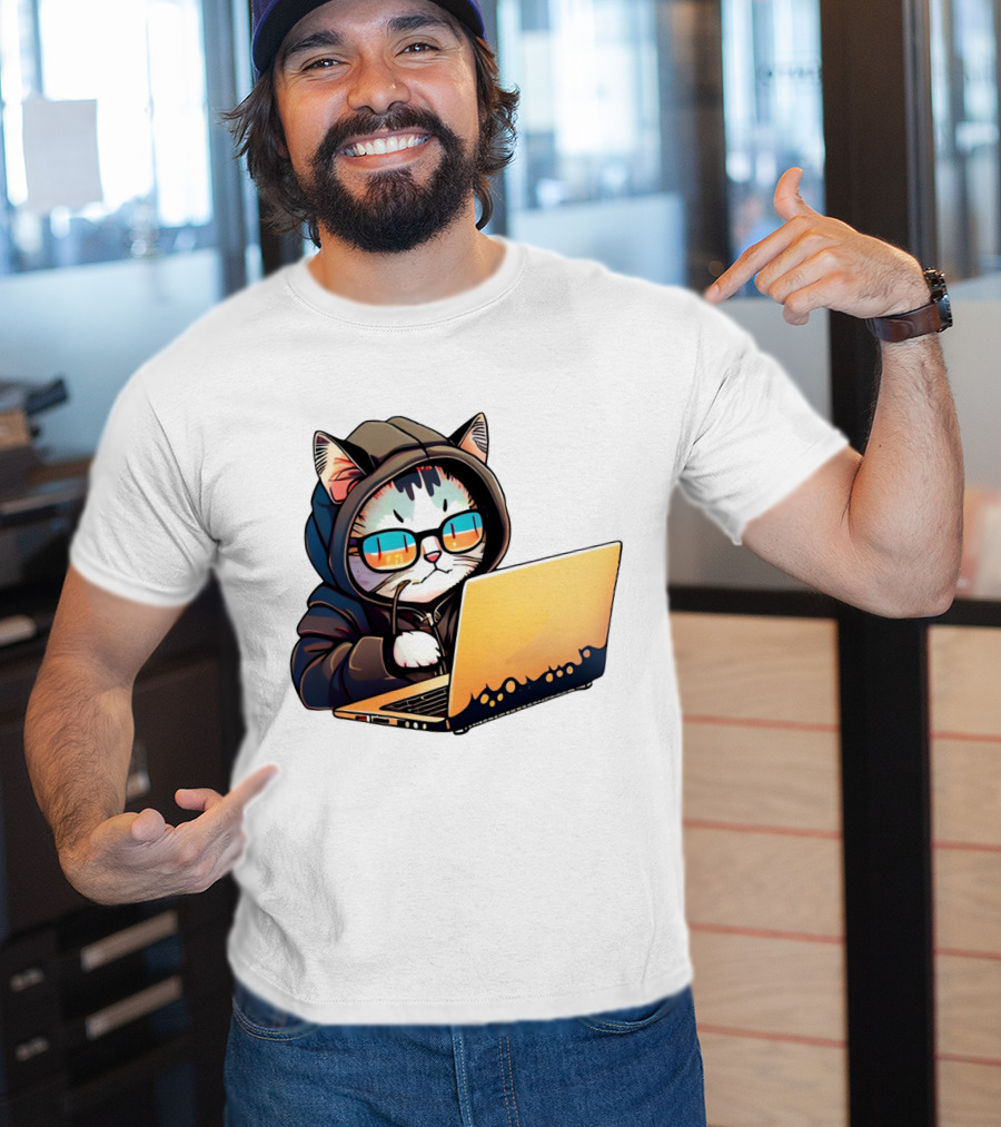 Hacker Cat In Hoodie With Laptop And Glasses T-Shirt