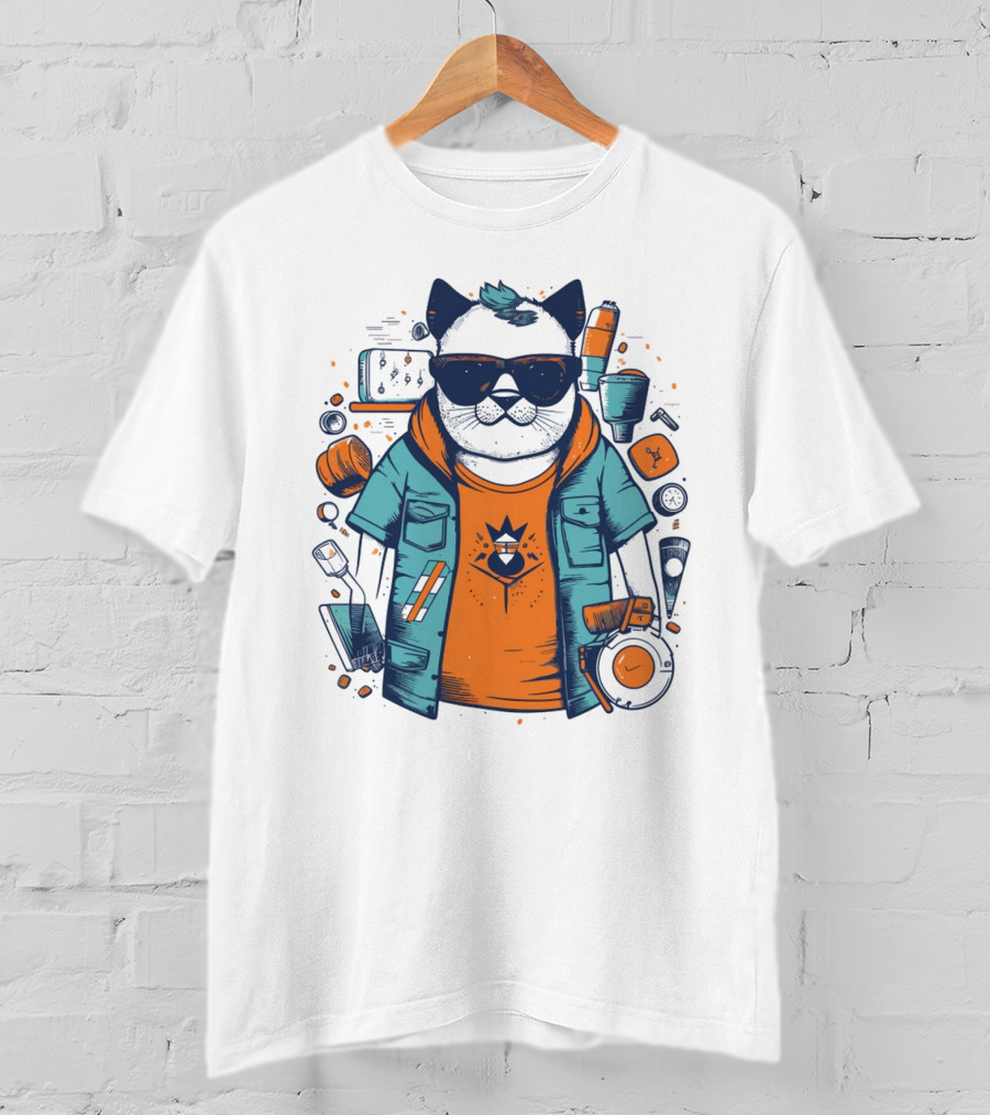 Hipster Cat In Sunglasses With Headphones And Jacket T-Shirt