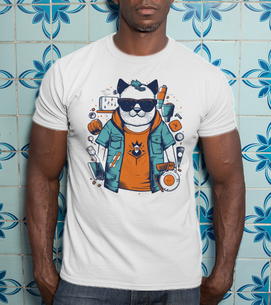 Hipster Cat In Sunglasses With Headphones And Jacket T-Shirt