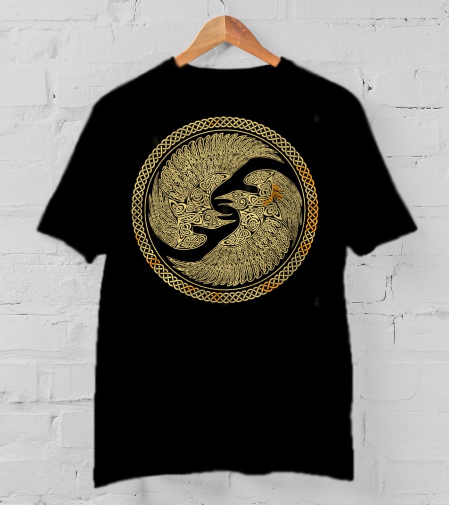 Hugin And Munin Celtic Knotwork Ravens In Intricate Circular T-Shirt