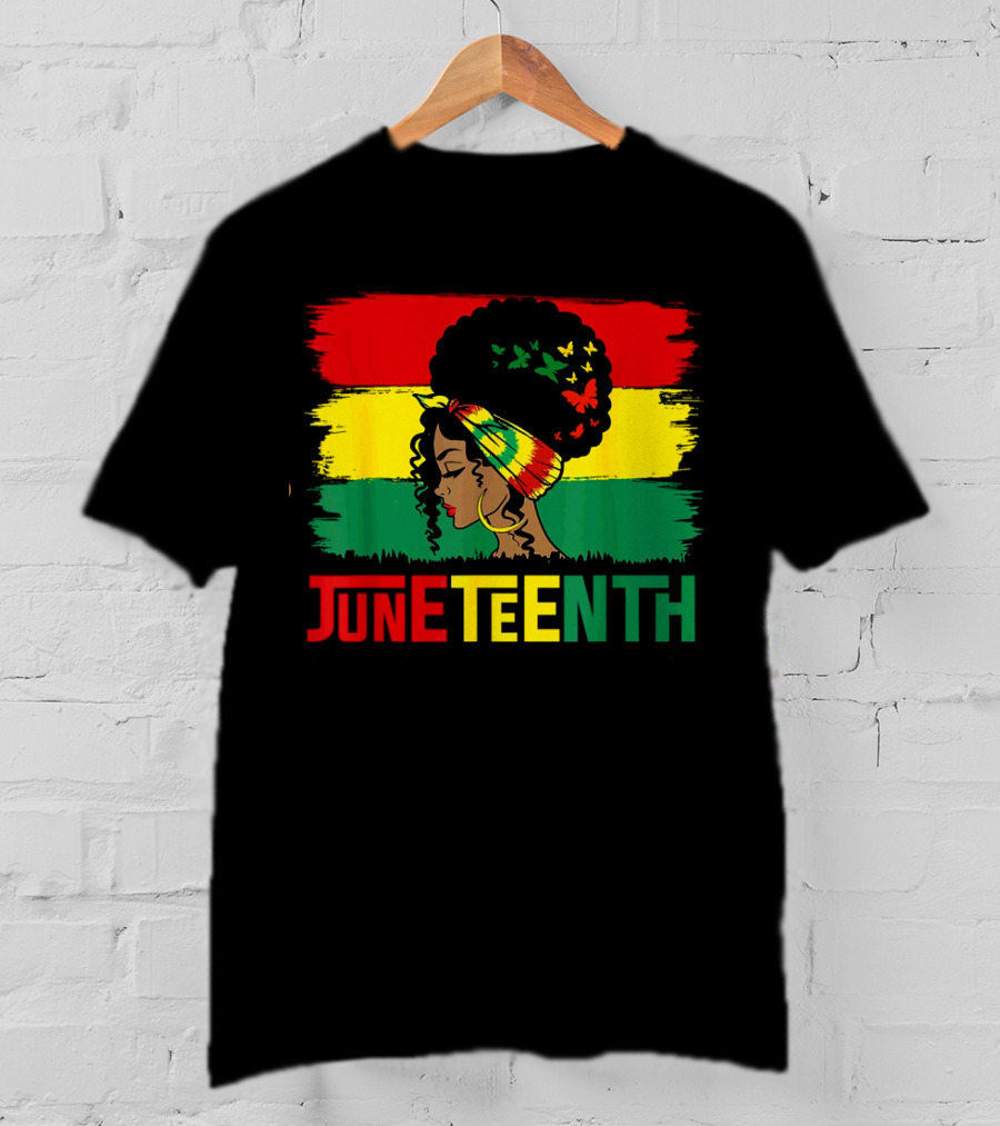 Juneteenth Remembering My Ancestors Celebrate Black Freedom Afro Woman Rasta Colors Flags T-Shirt