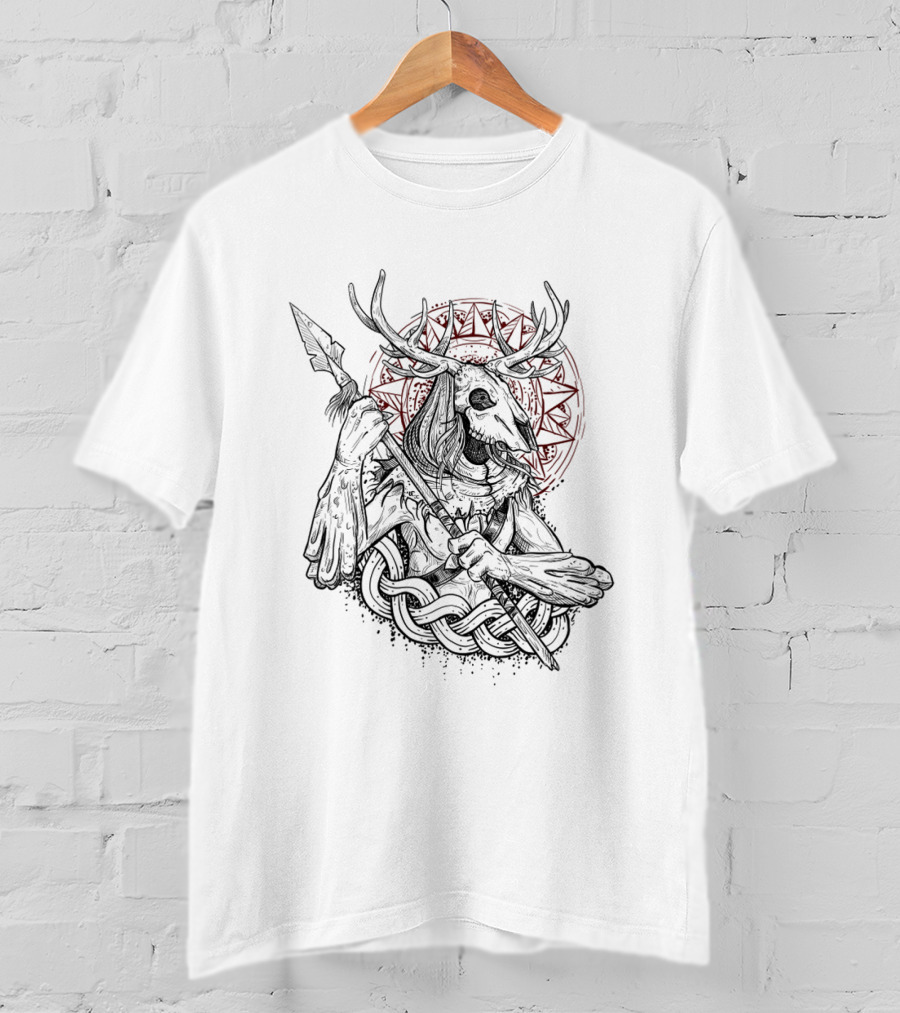 Leshy Forest Guardian Mythical Antlered Protector With Spear And Celtic Knot Motif T-Shirt