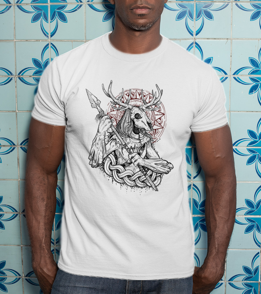Leshy Forest Guardian Mythical Antlered Protector With Spear And Celtic Knot Motif T-Shirt