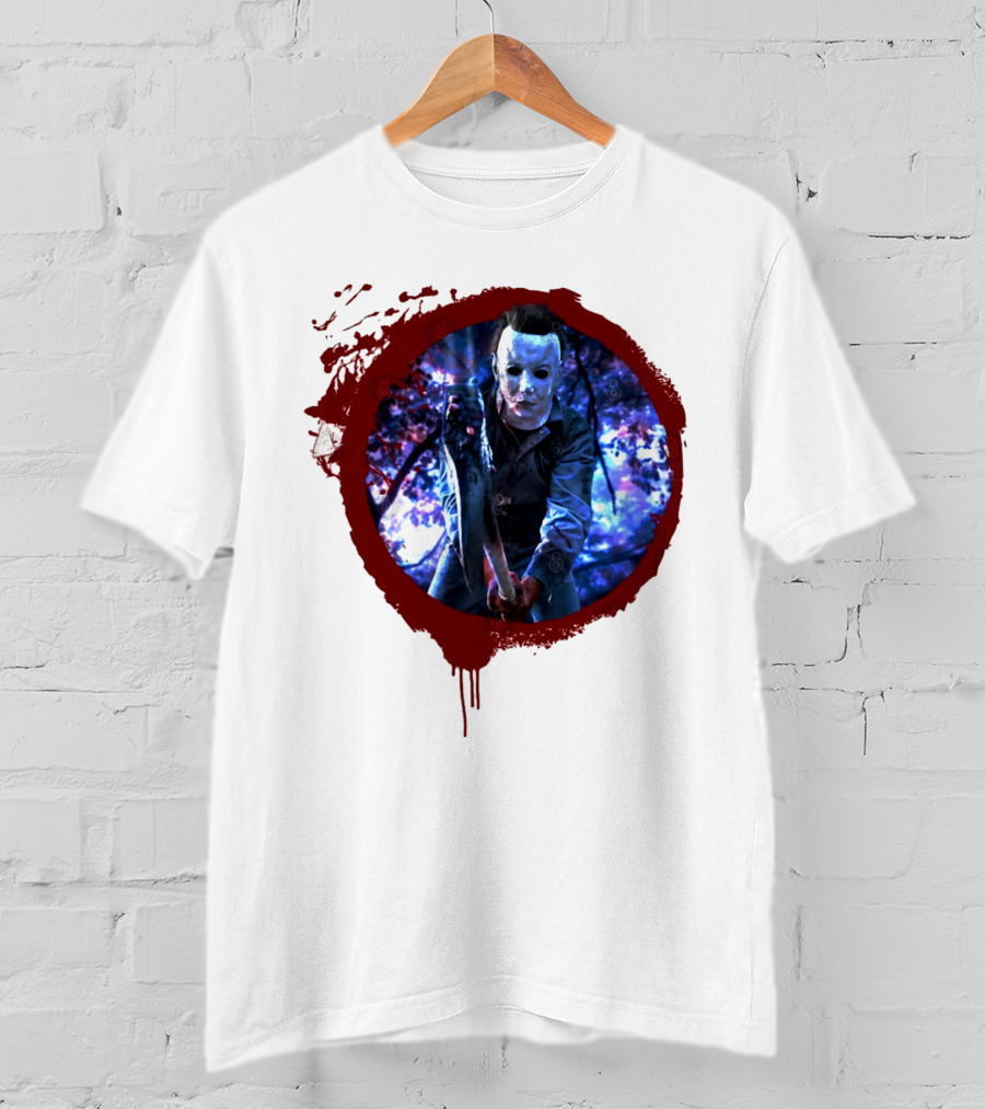 Myers Attack Blood Splatter Horror Mask Iconic Blue Woods Scene T-Shirt