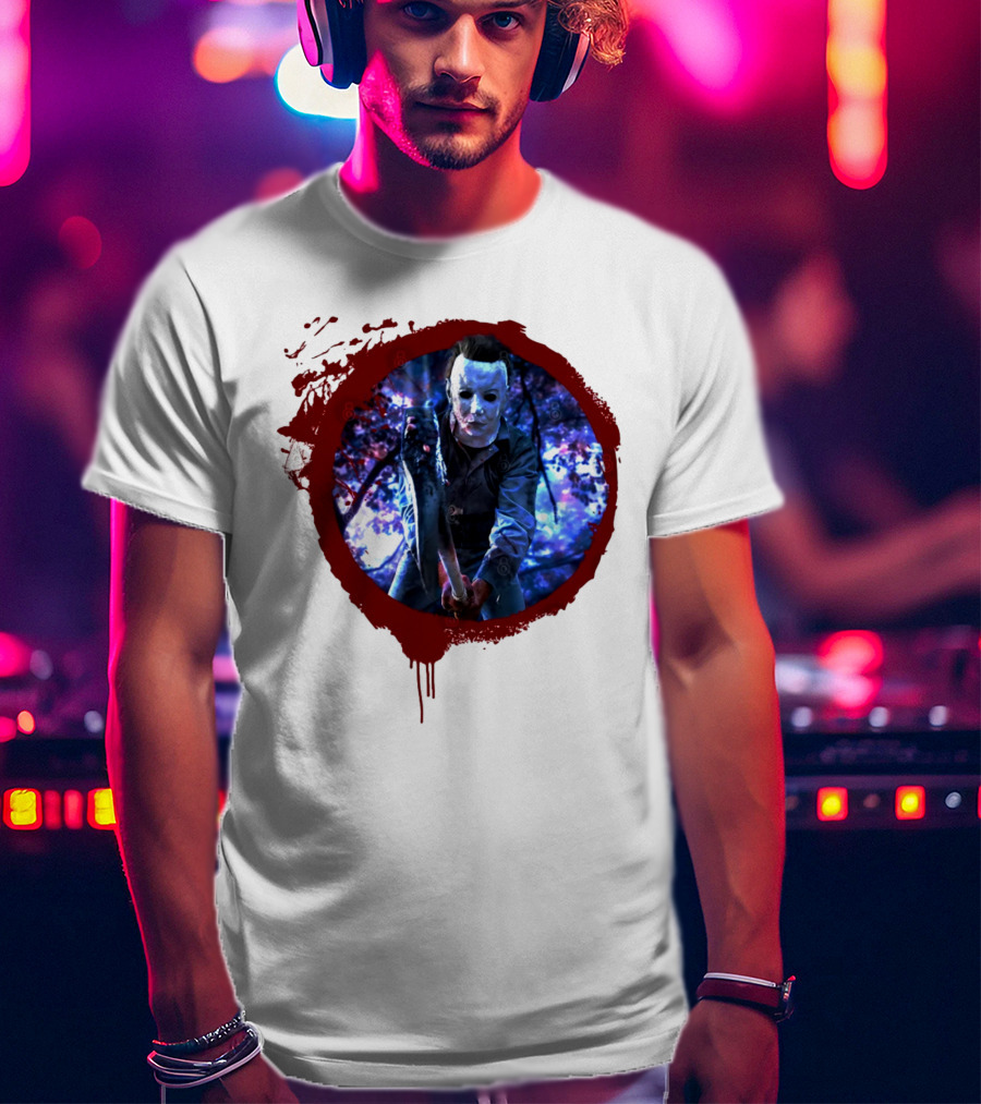 Myers Attack Blood Splatter Horror Mask Iconic Blue Woods Scene T-Shirt