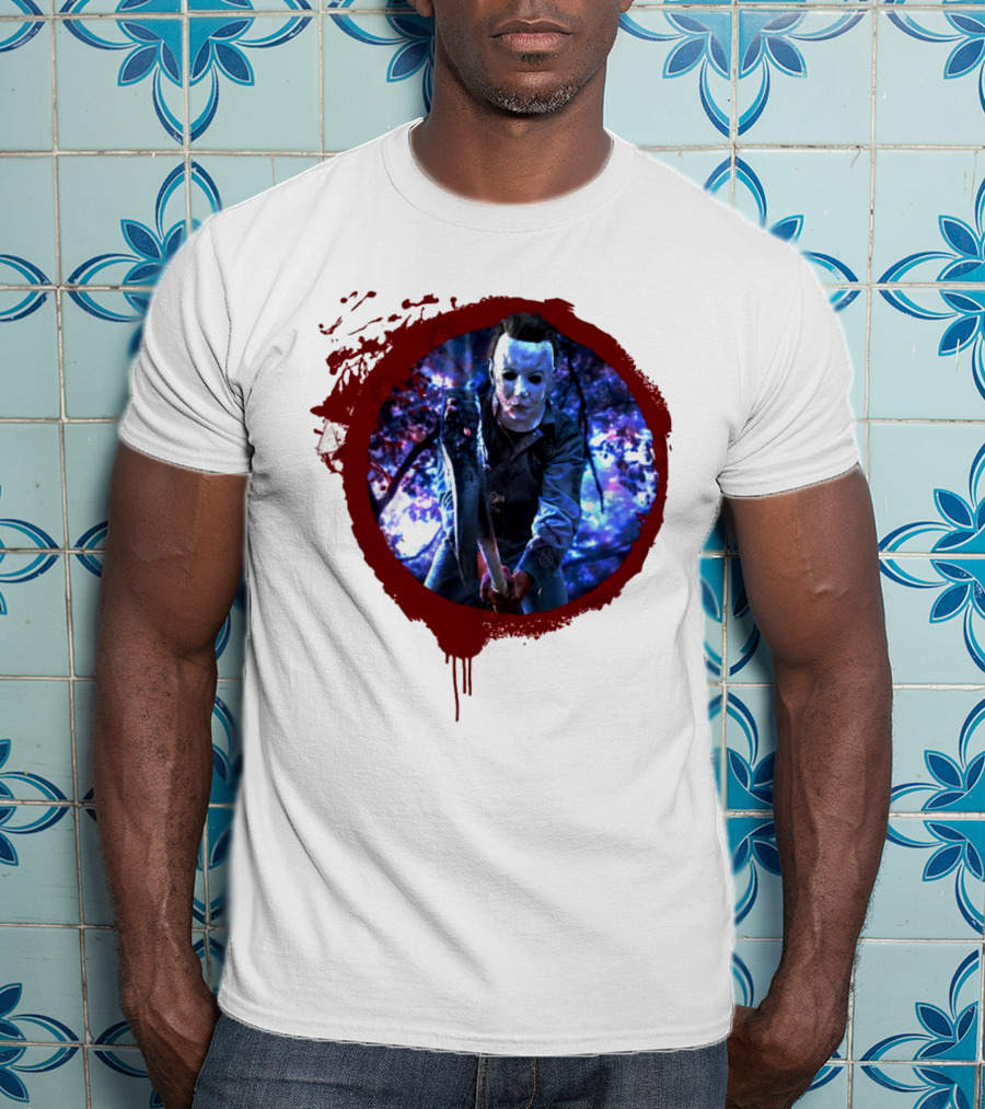 Myers Attack Blood Splatter Horror Mask Iconic Blue Woods Scene T-Shirt