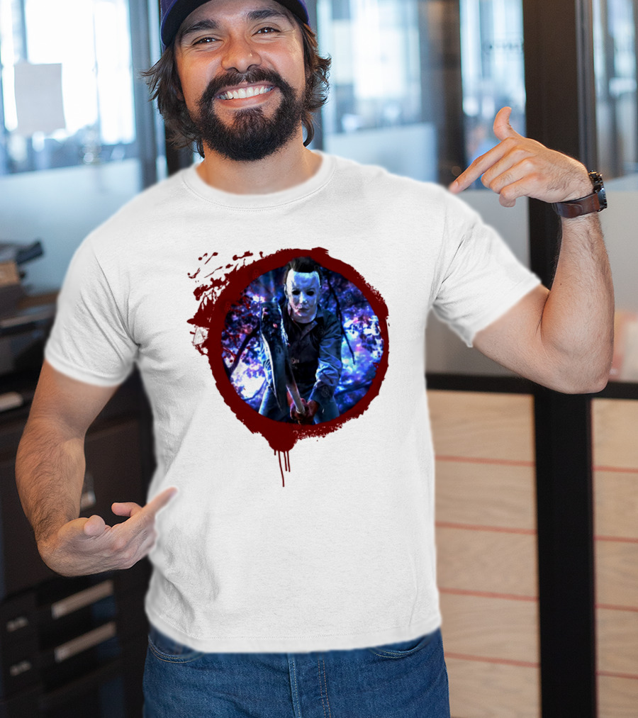 Myers Attack Blood Splatter Horror Mask Iconic Blue Woods Scene T-Shirt