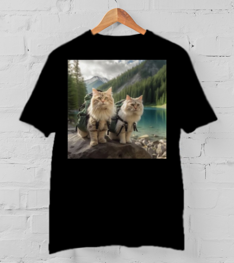 Two American Longhair Cats Are Mountaineering With Backpacks In Scenic Mountain Forest Near Lake T-Shirt