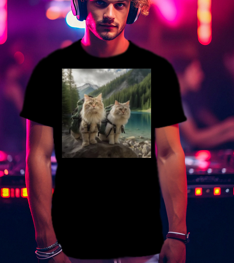 Two American Longhair Cats Are Mountaineering With Backpacks In Scenic Mountain Forest Near Lake T-Shirt