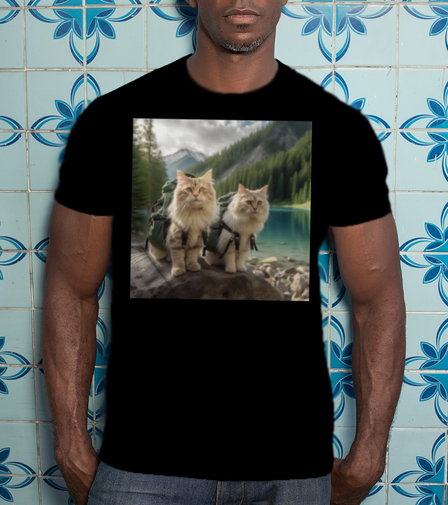 Two American Longhair Cats Are Mountaineering With Backpacks In Scenic Mountain Forest Near Lake T-Shirt