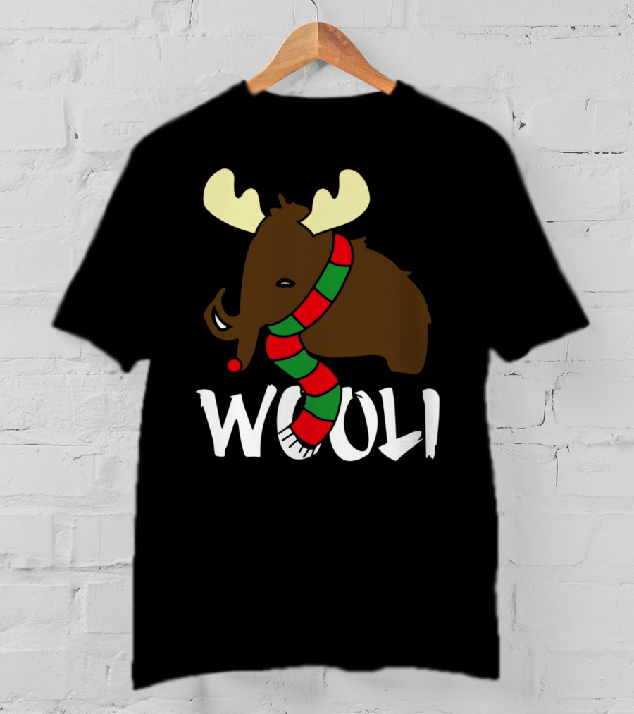 Wooli Mammoth Wearing Red And Green Scarf With Antlers T-Shirt