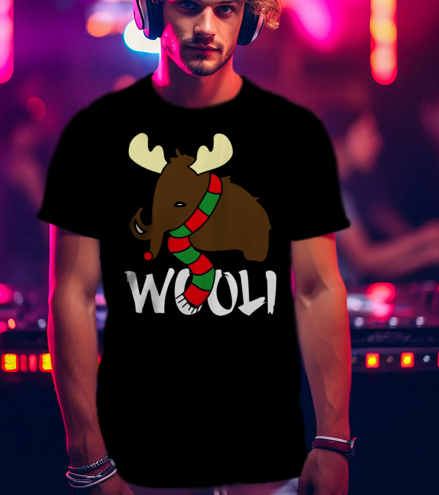 Wooli Mammoth Wearing Red And Green Scarf With Antlers T-Shirt