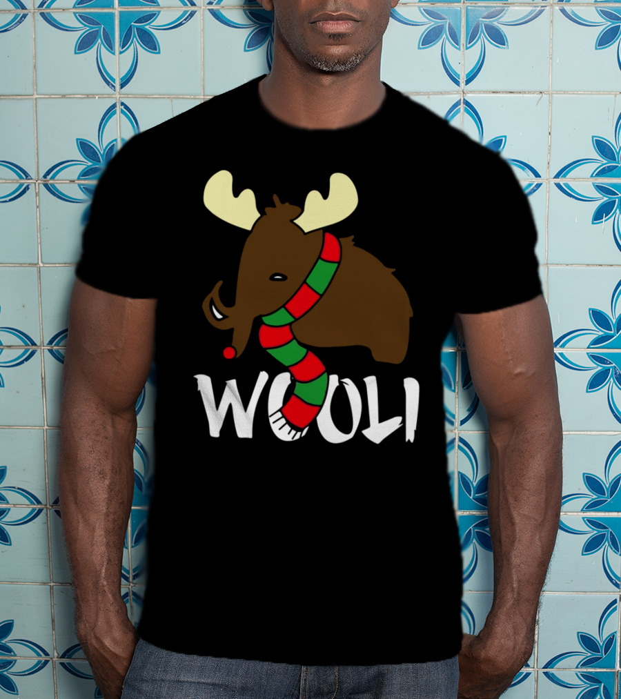 Wooli Mammoth Wearing Red And Green Scarf With Antlers T-Shirt