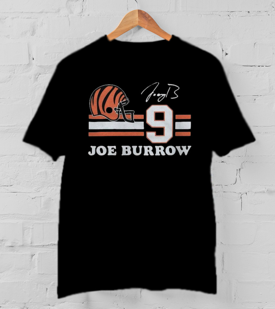 Cincinnati Bengals Joe Burrow Number 9 Helmet Signature T-Shirt