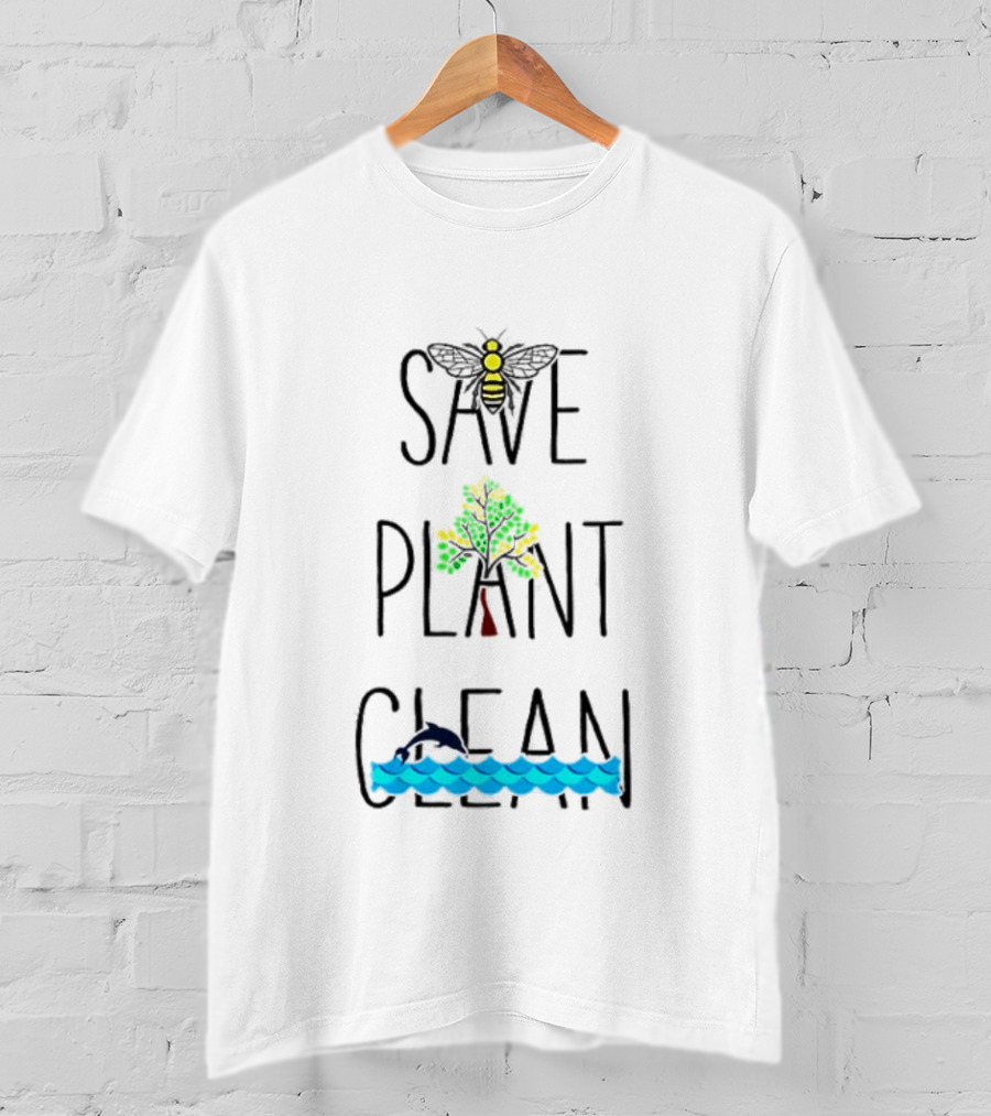 Save The Bees Plant The Trees Clean The Sea Bee Tree Dolphin Waves T-Shirt