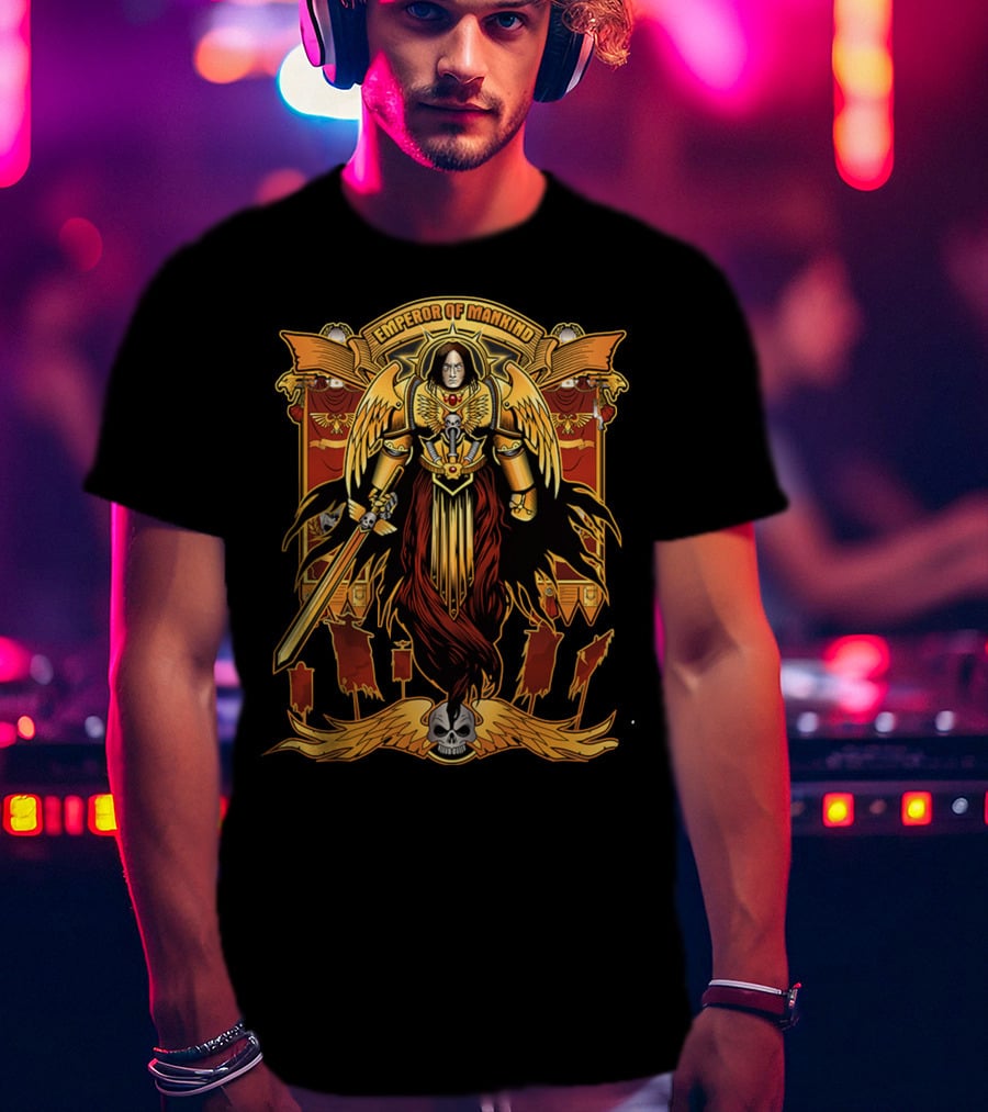 Emperor Of Mankind Golden Armor Angelic Warrior With Sword And Skull T-Shirt