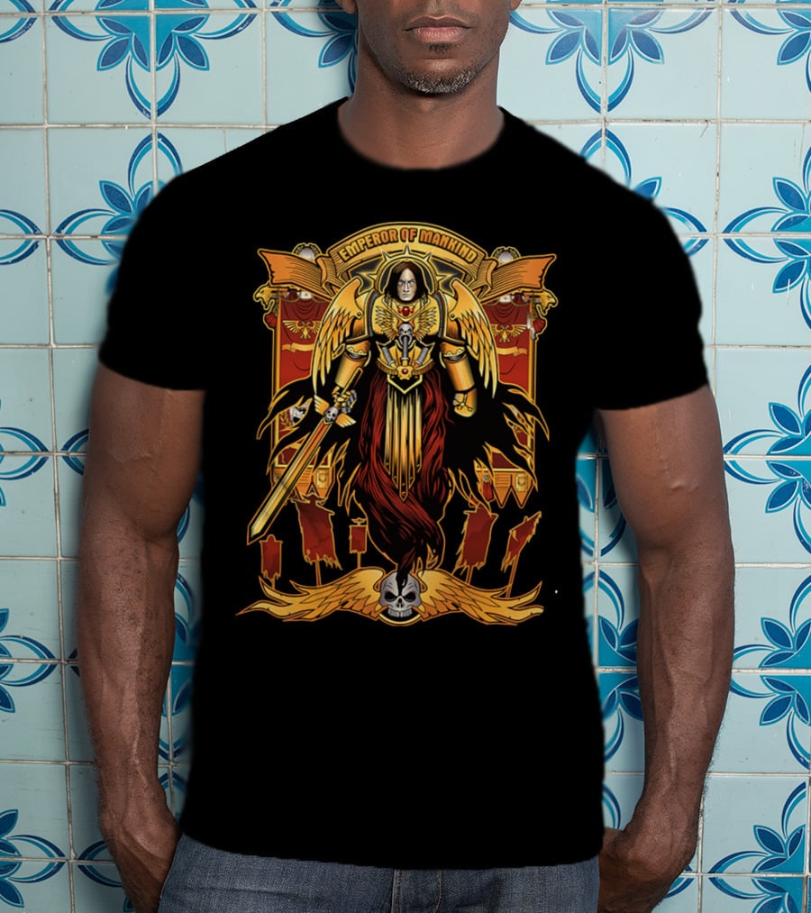 Emperor Of Mankind Golden Armor Angelic Warrior With Sword And Skull T-Shirt