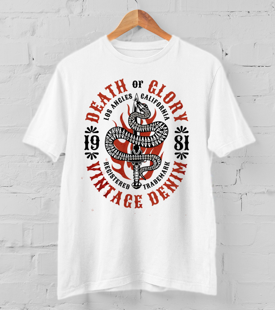 Death Of Glory Los Angeles California Vintage Denim 1981 Sword Snake Registered Trademark T-Shirt