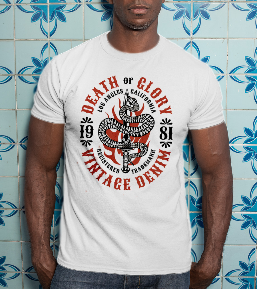 Death Of Glory Los Angeles California Vintage Denim 1981 Sword Snake Registered Trademark T-Shirt