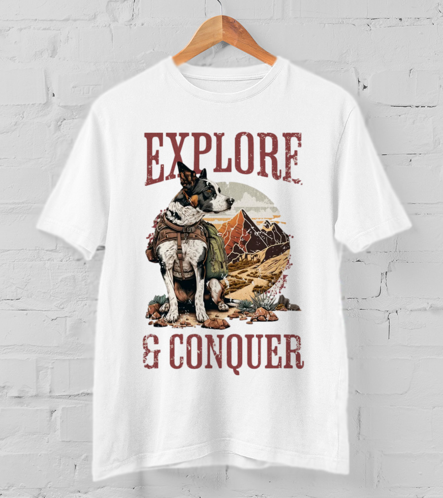 Explore And Conquer Journey With Dog And Mountains T-Shirt