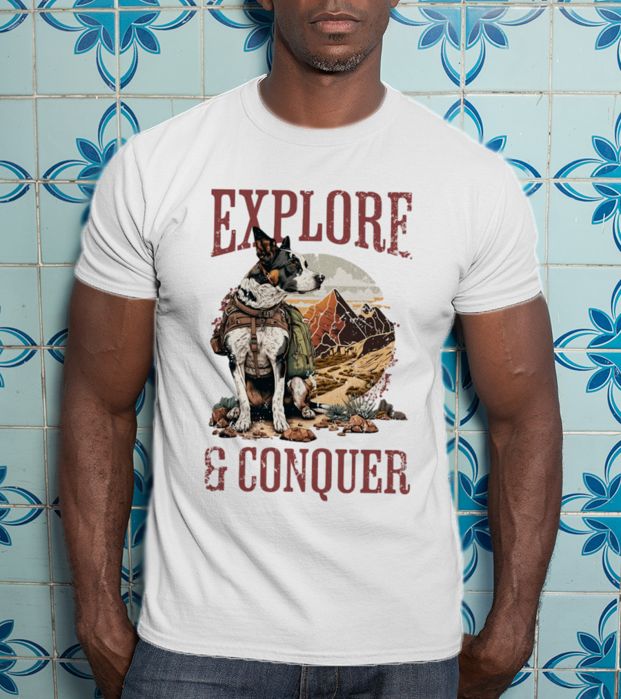Explore And Conquer Journey With Dog And Mountains T-Shirt