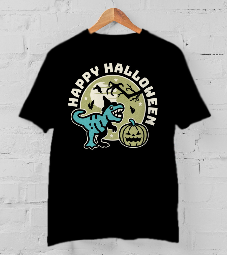 Happy Halloween Dinosaur With Pumpkin And Bats T-Shirt