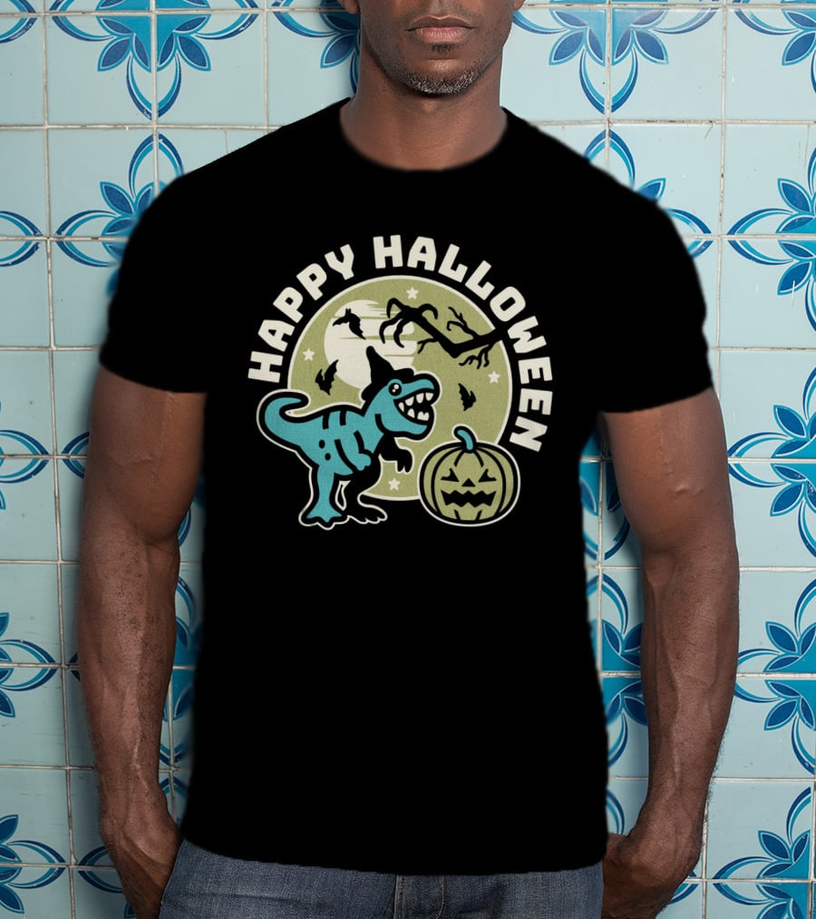 Happy Halloween Dinosaur With Pumpkin And Bats T-Shirt