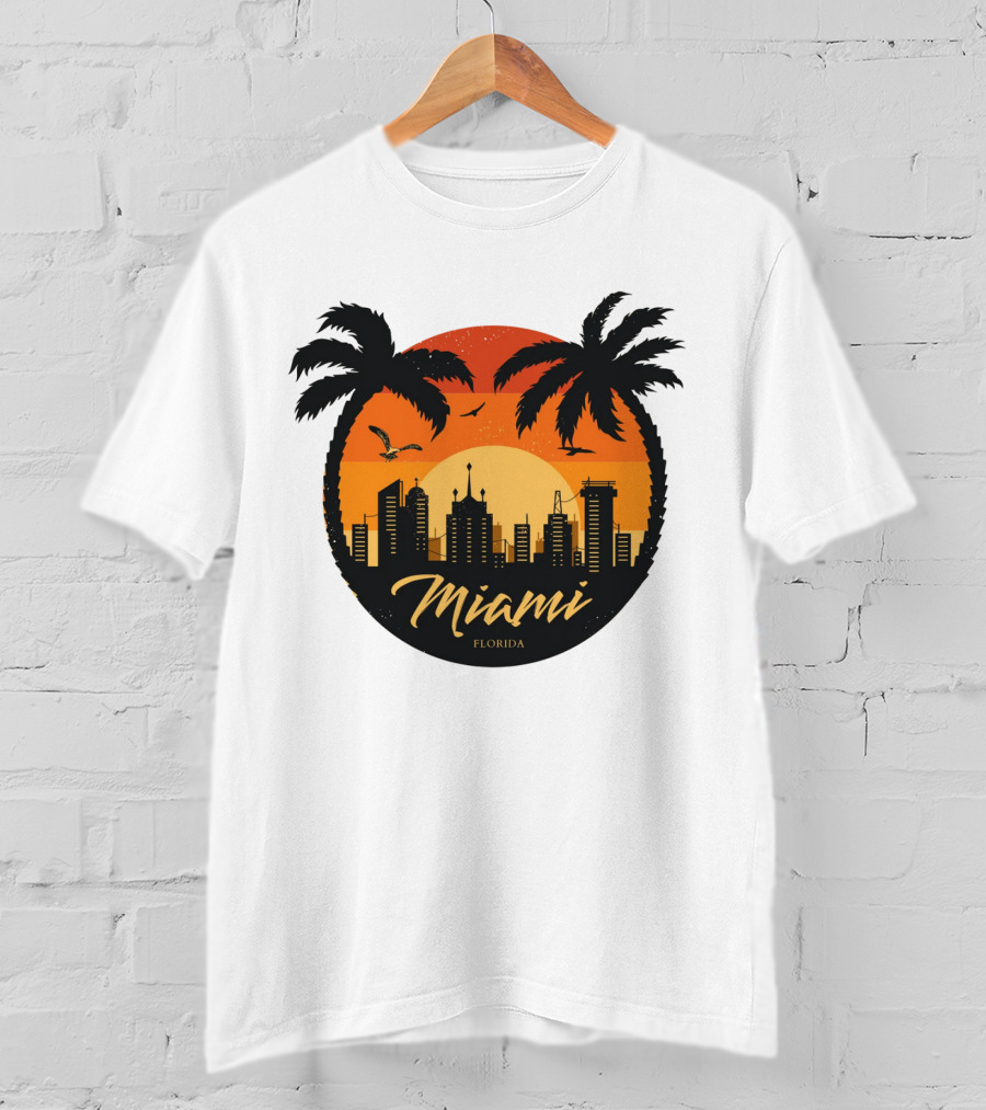 Miami Florida Sunset Skyline Palm Trees T-Shirt