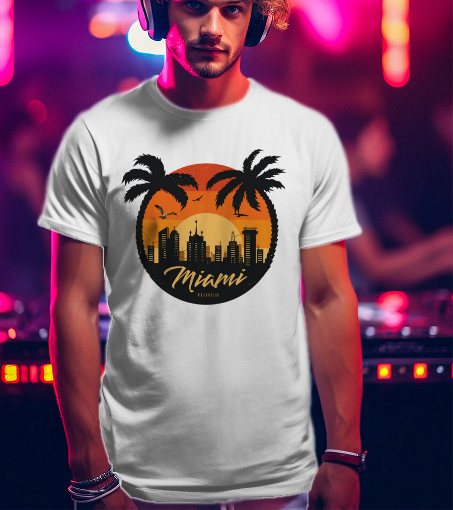 Miami Florida Sunset Skyline Palm Trees T-Shirt