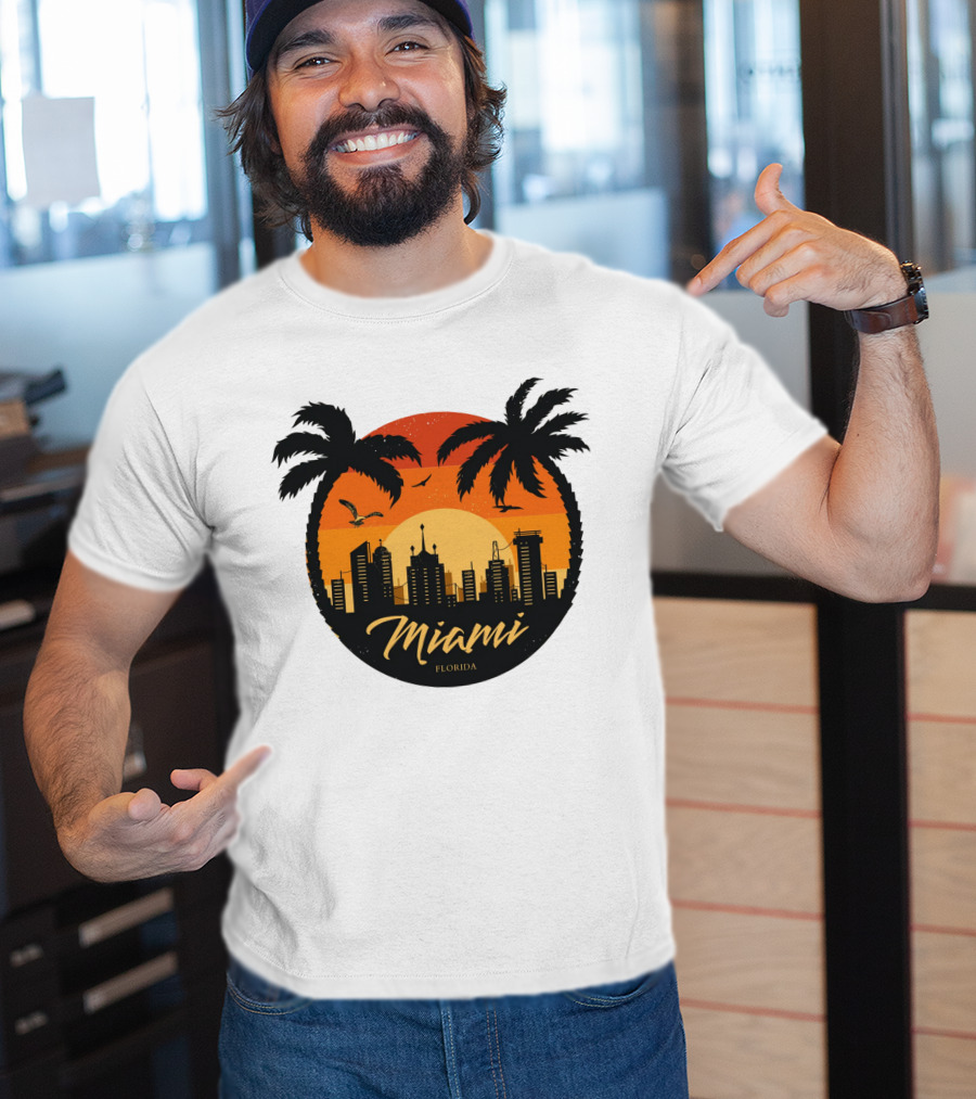 Miami Florida Sunset Skyline Palm Trees T-Shirt