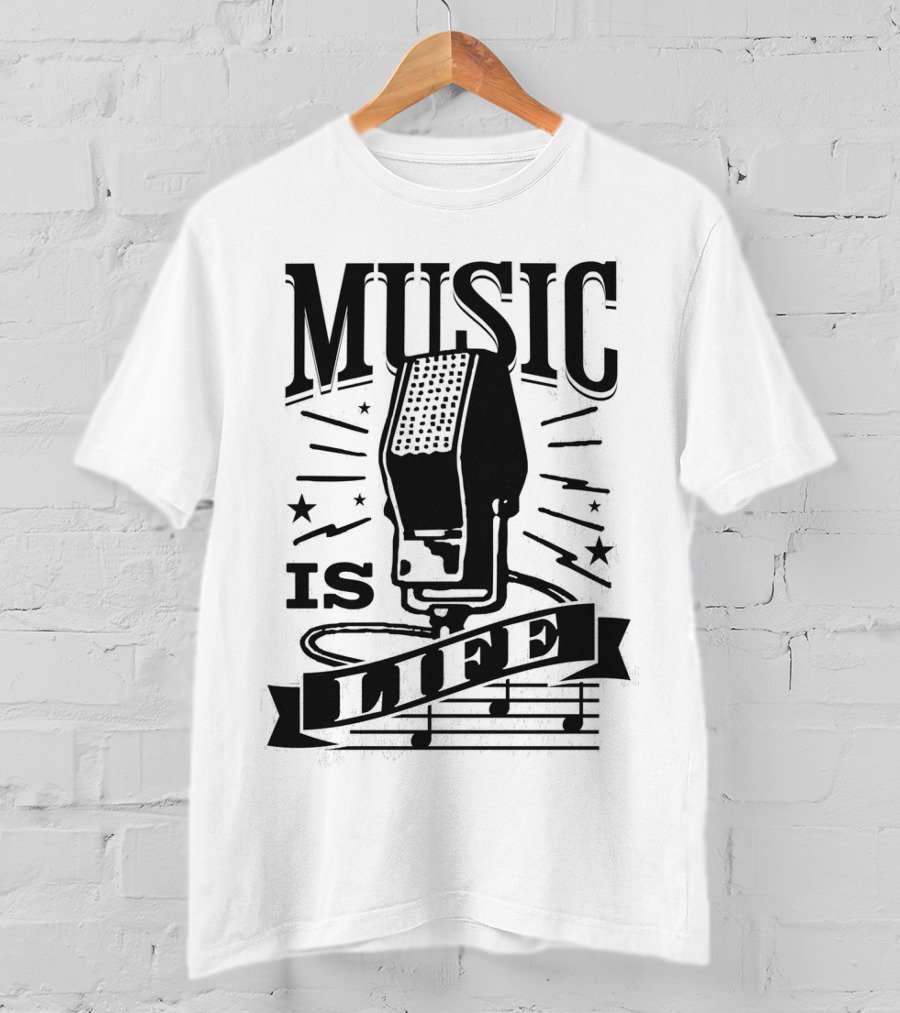 Music Is Life Retro Microphone Notes Stars T-Shirt