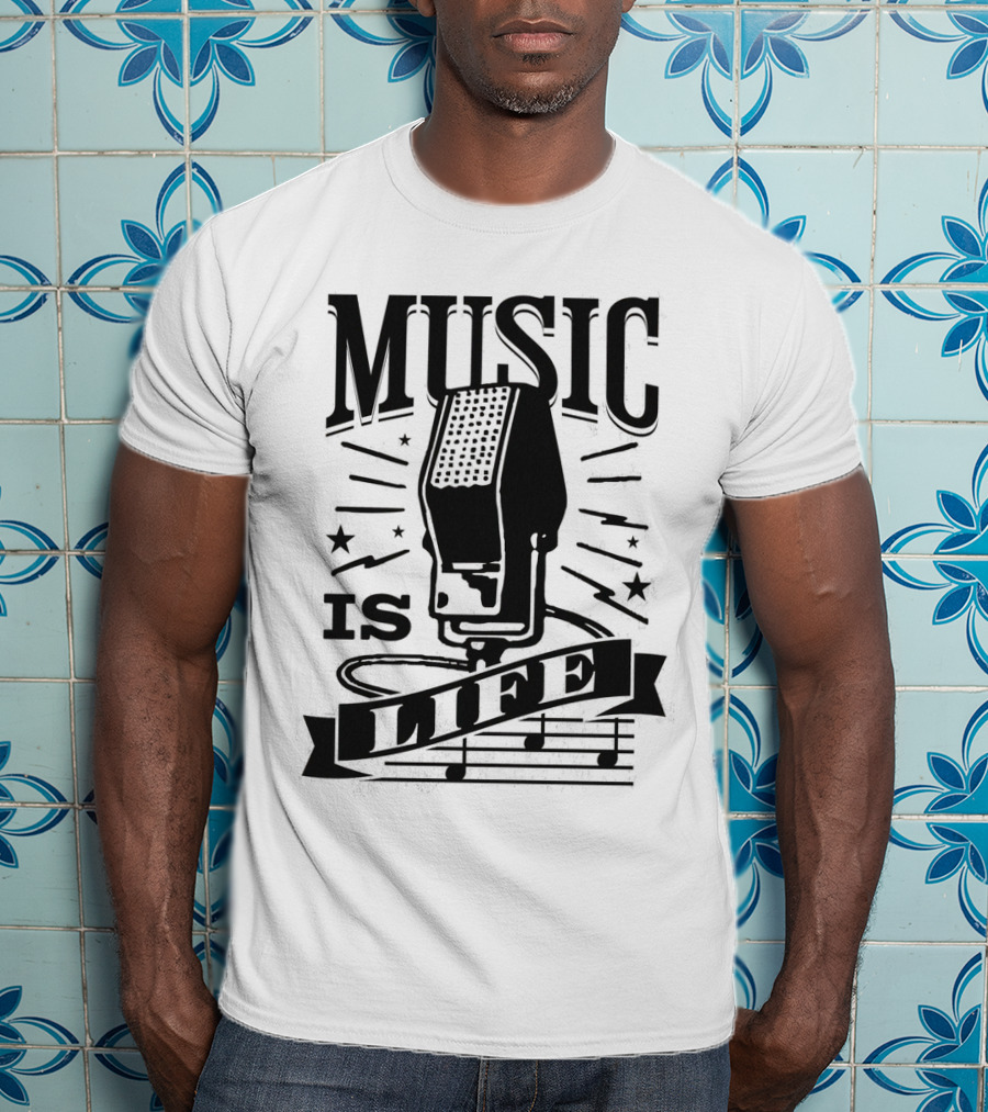Music Is Life Retro Microphone Notes Stars T-Shirt