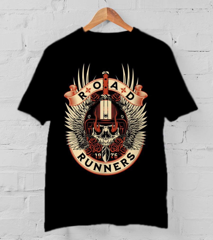 Road Runners Skull 1976 Motorcycle Badge With Wings And Roses T-Shirt