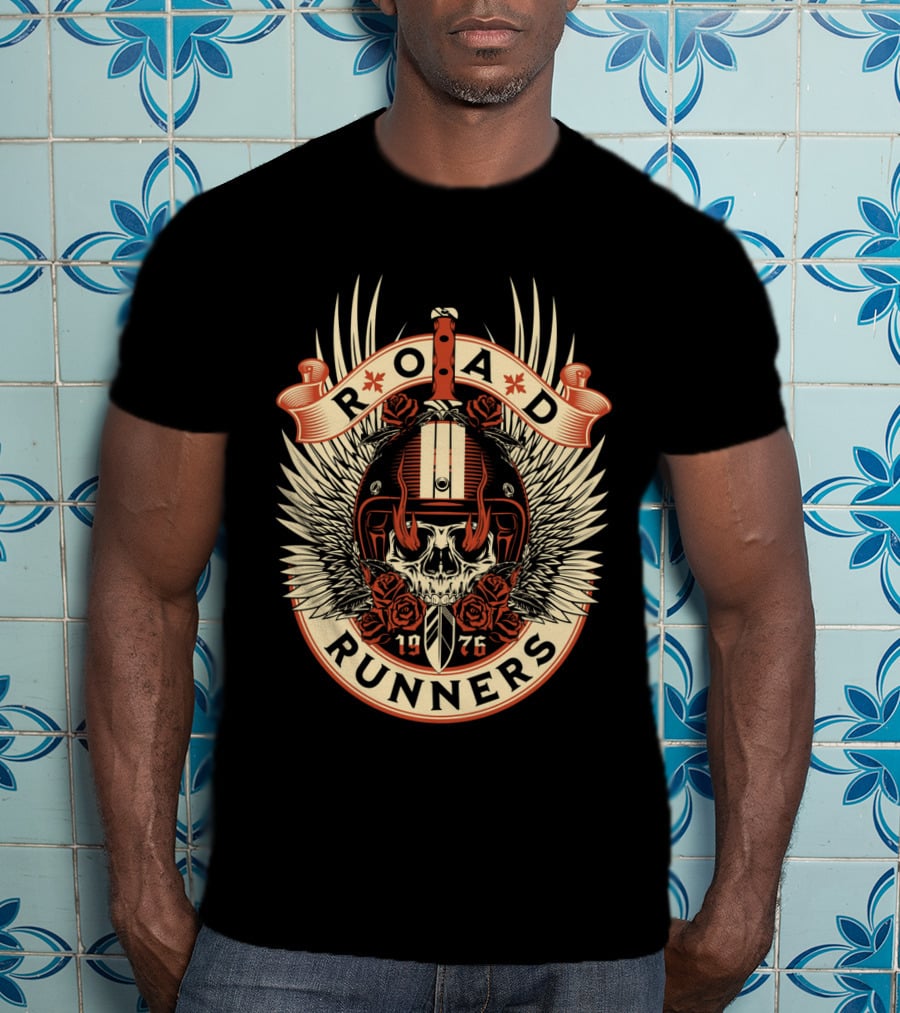 Road Runners Skull 1976 Motorcycle Badge With Wings And Roses T-Shirt